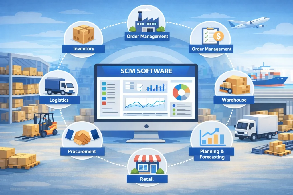 SCM software ecosystem connecting inventory management, logistics, procurement, retail, and order processing