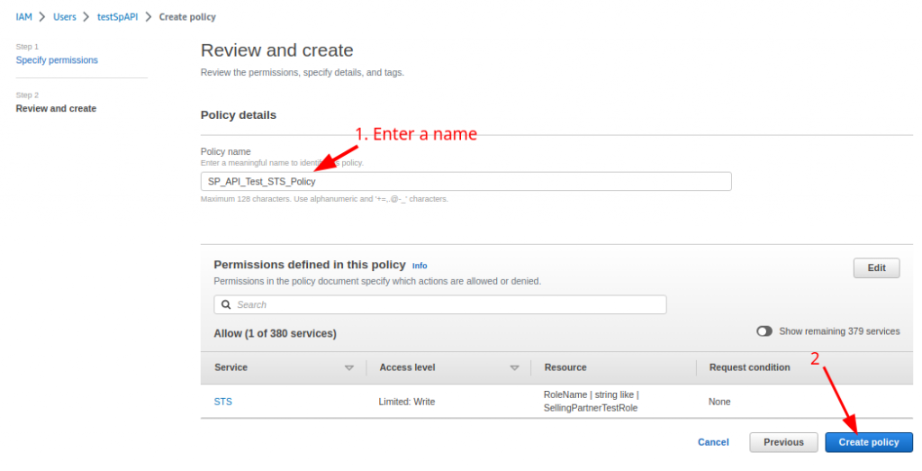 Create STS policy step 3