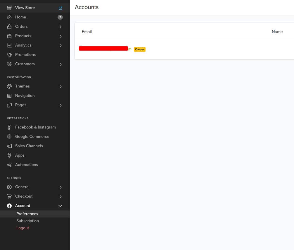 Account menu in the sidebar with Preferences link and Accounts list