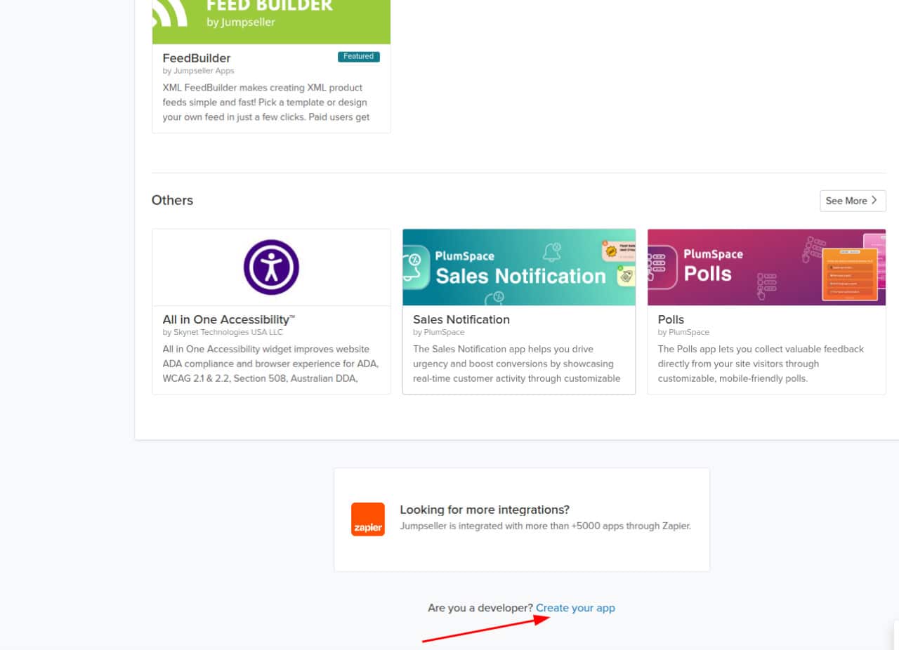 Apps Gallery page with 'Create your app' link at the bottom