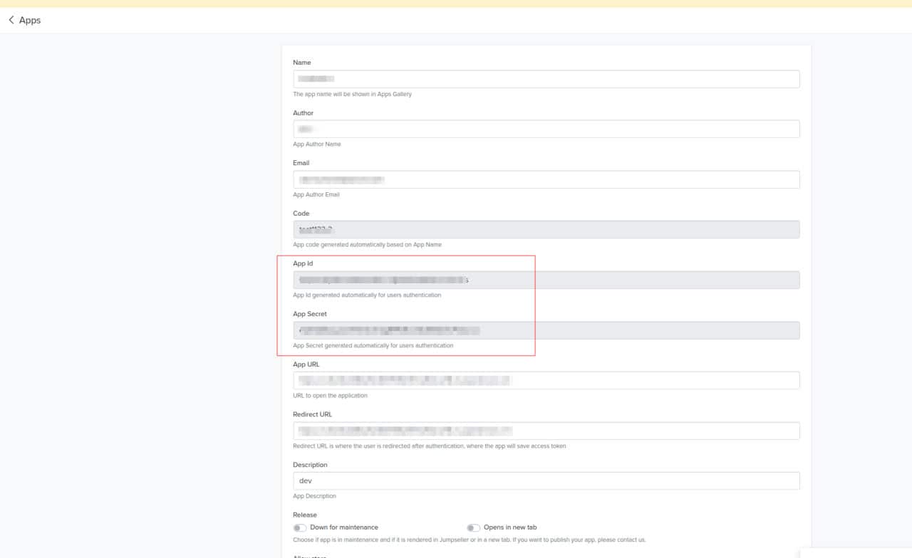 App Id and App Secret on the edit page