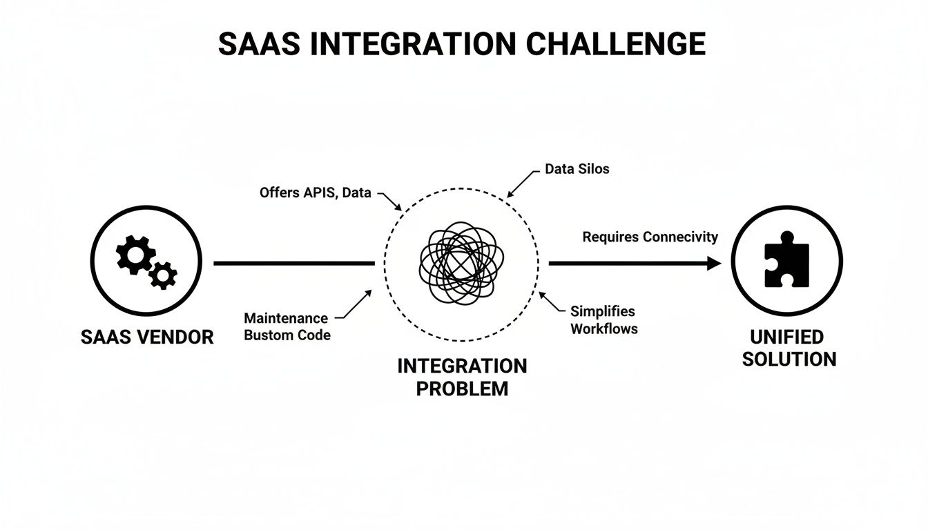 Diagram explaining the SaaS integration challenge, highlighting vendor APIs, data silos, and a unified solution.