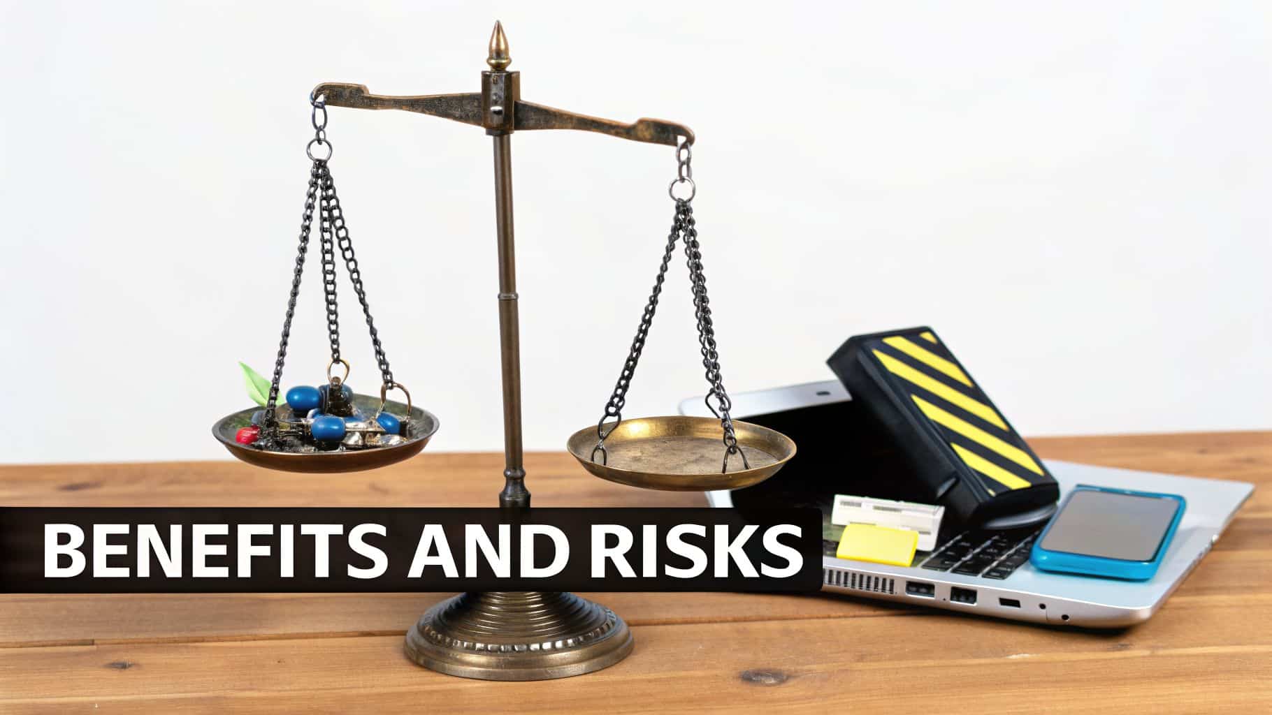 A vintage scale symbolizing benefits and risks, with technology devices in the background.