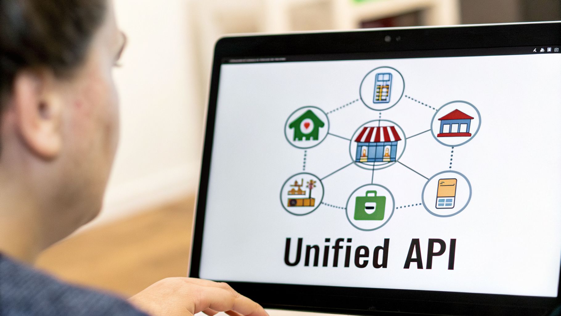 A person views a laptop screen showing a 'Unified API' diagram connecting various service icons.