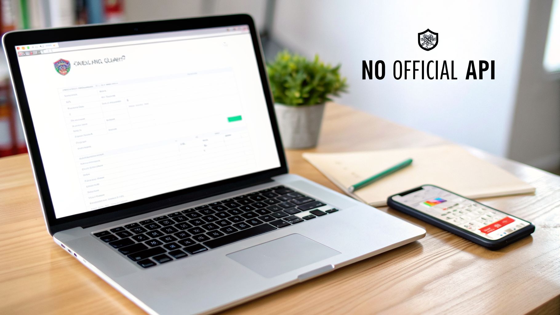 A modern workspace with a laptop displaying a web page and a smartphone on a wooden desk, featuring 'NO OFFICIAL API' text.