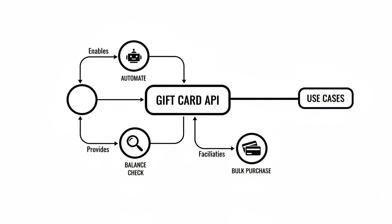 Diagram illustrating the Gift Card API's capabilities, including automation, balance checks, and bulk purchases for various use cases.