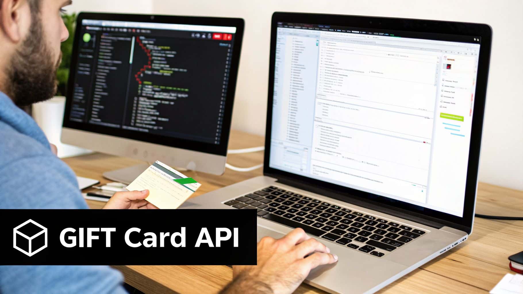 A developer working on dual monitors, holding a gift card, in the context of a gift card API.