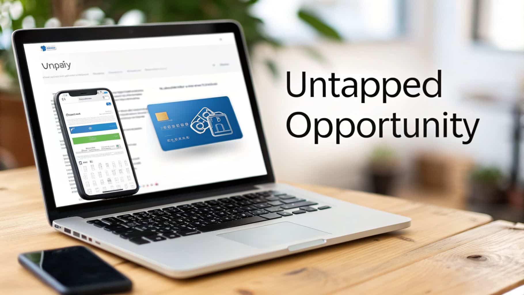 A laptop and smartphone on a wooden desk display an online payment system with 'Untapped Opportunity' text.