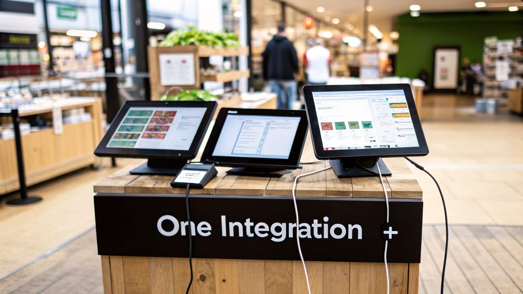 A retail display shows three tablets and a payment terminal on a counter, labeled "One Integration."