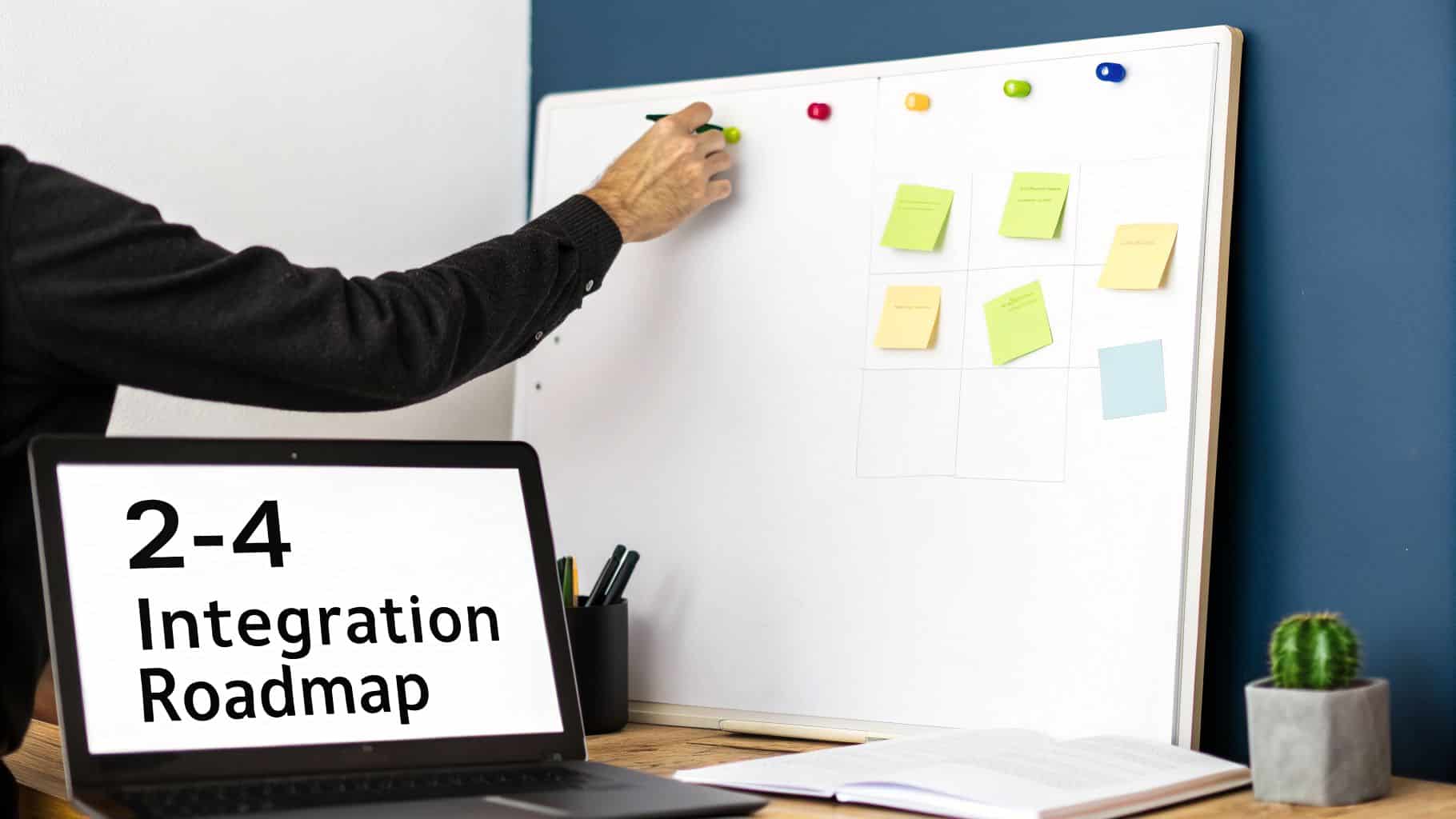 A person writes on a whiteboard during a meeting, with a laptop displaying '2-4 Integration Roadmap' in the foreground.