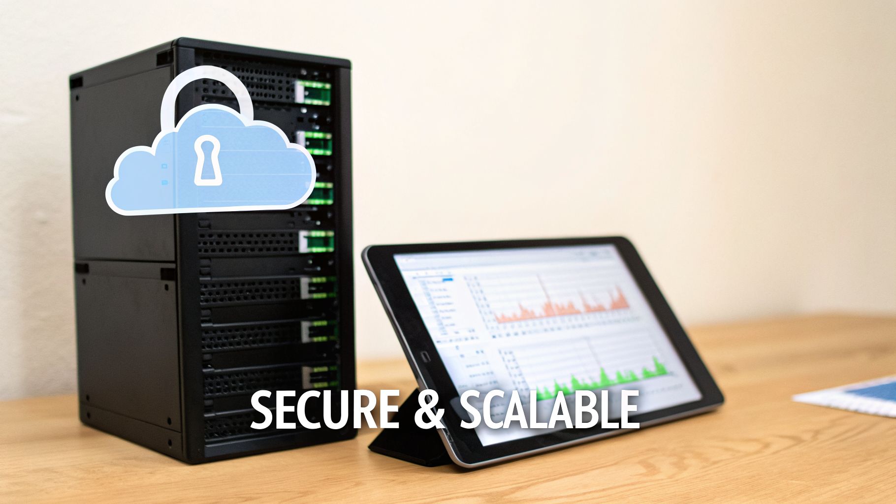 Server rack with a cloud security icon and a tablet showing data, emphasizing secure and scalable SaaS solutions.