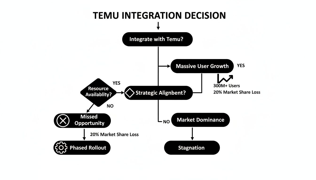 A flowchart mapping the decision process and potential outcomes for Temu integration.