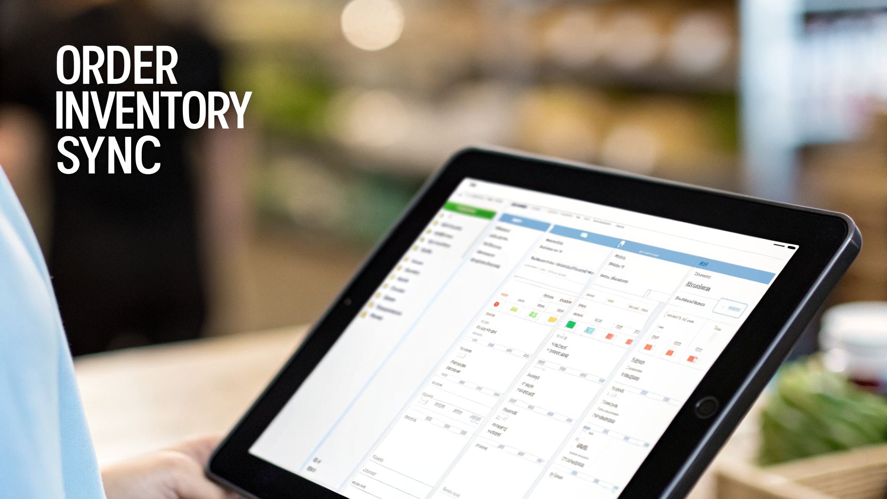 Person holding a tablet displaying an order and inventory synchronization application in a retail setting.