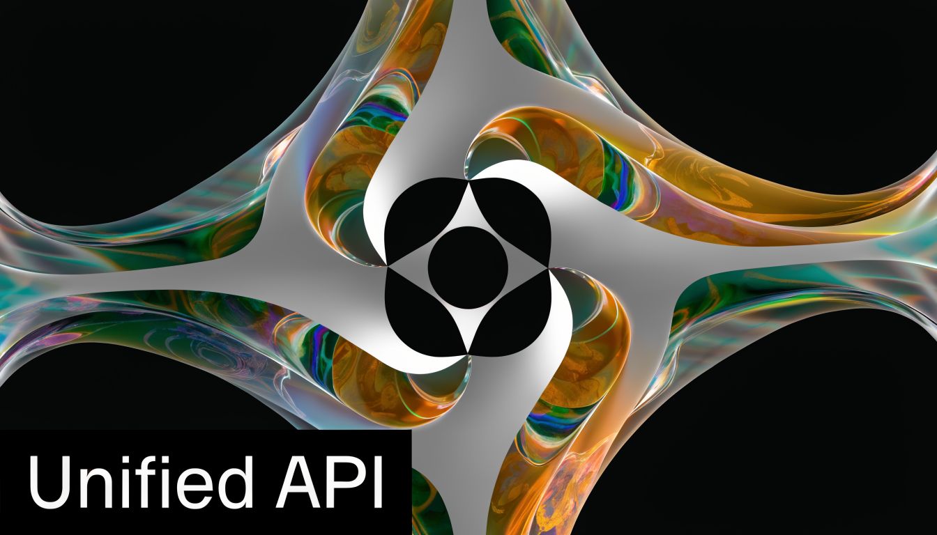 A modern, abstract graphic featuring metallic, flowing shapes surrounding a central geometric black icon with white text overlay.