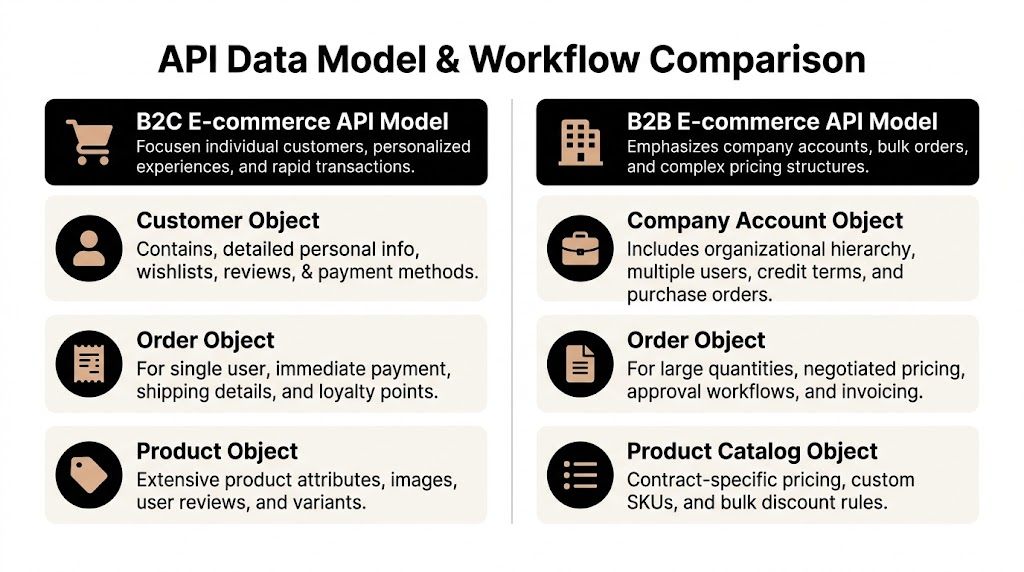 A comparison chart showing key differences between B2C and B2B e-commerce API data models and workflows.