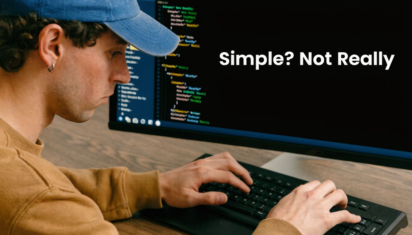 A young man wearing a blue cap and brown sweatshirt coding on a computer monitor with text overlay.
