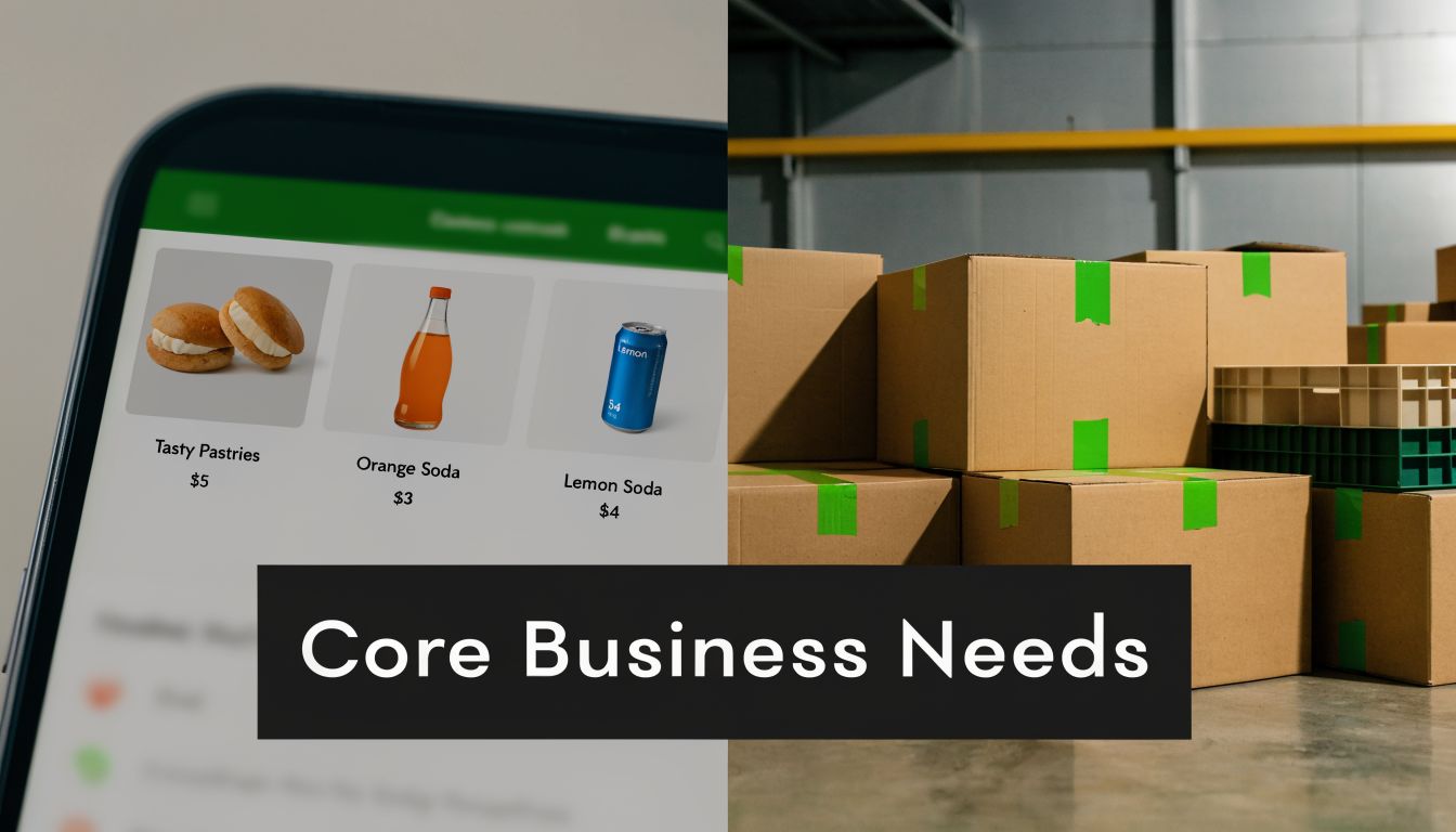 A split image showing a digital food ordering app on a smartphone and cardboard shipping boxes.