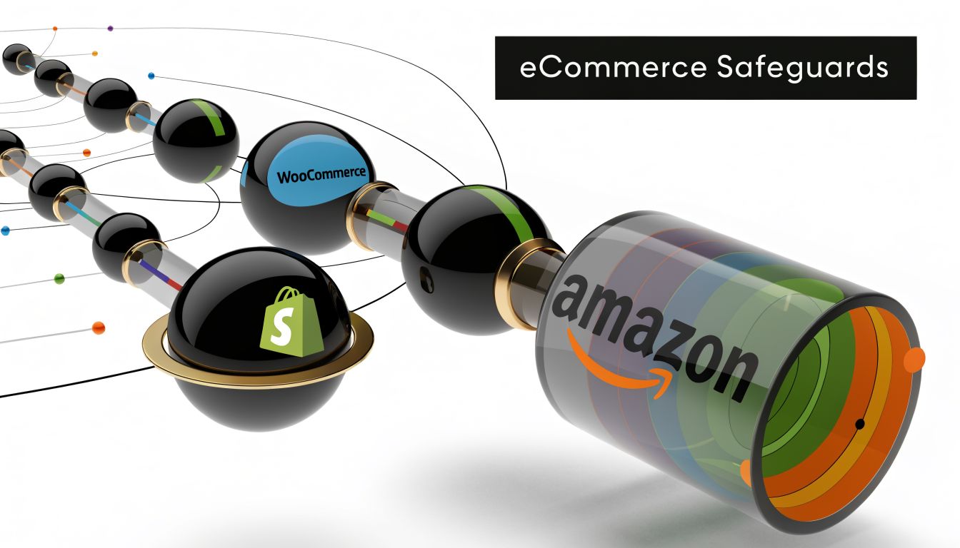 A 3D visualization representing eCommerce safeguards with logos for Amazon, WooCommerce, and Shopify interconnected via a network.