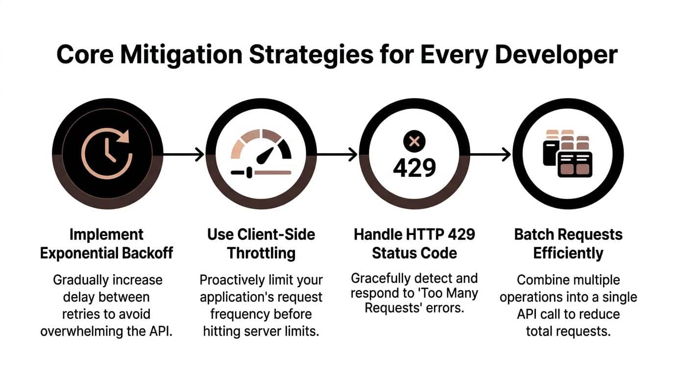 A diagram illustrating four core API mitigation strategies for developers, including backoff, throttling, error handling, and batching.
