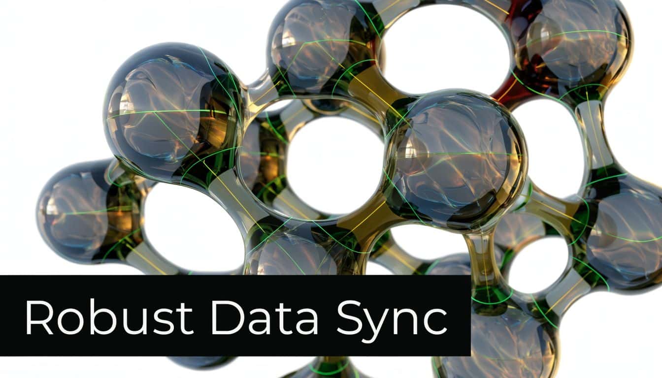 A 3D abstract visualization of a molecular network structure representing robust data synchronization and networking technology.