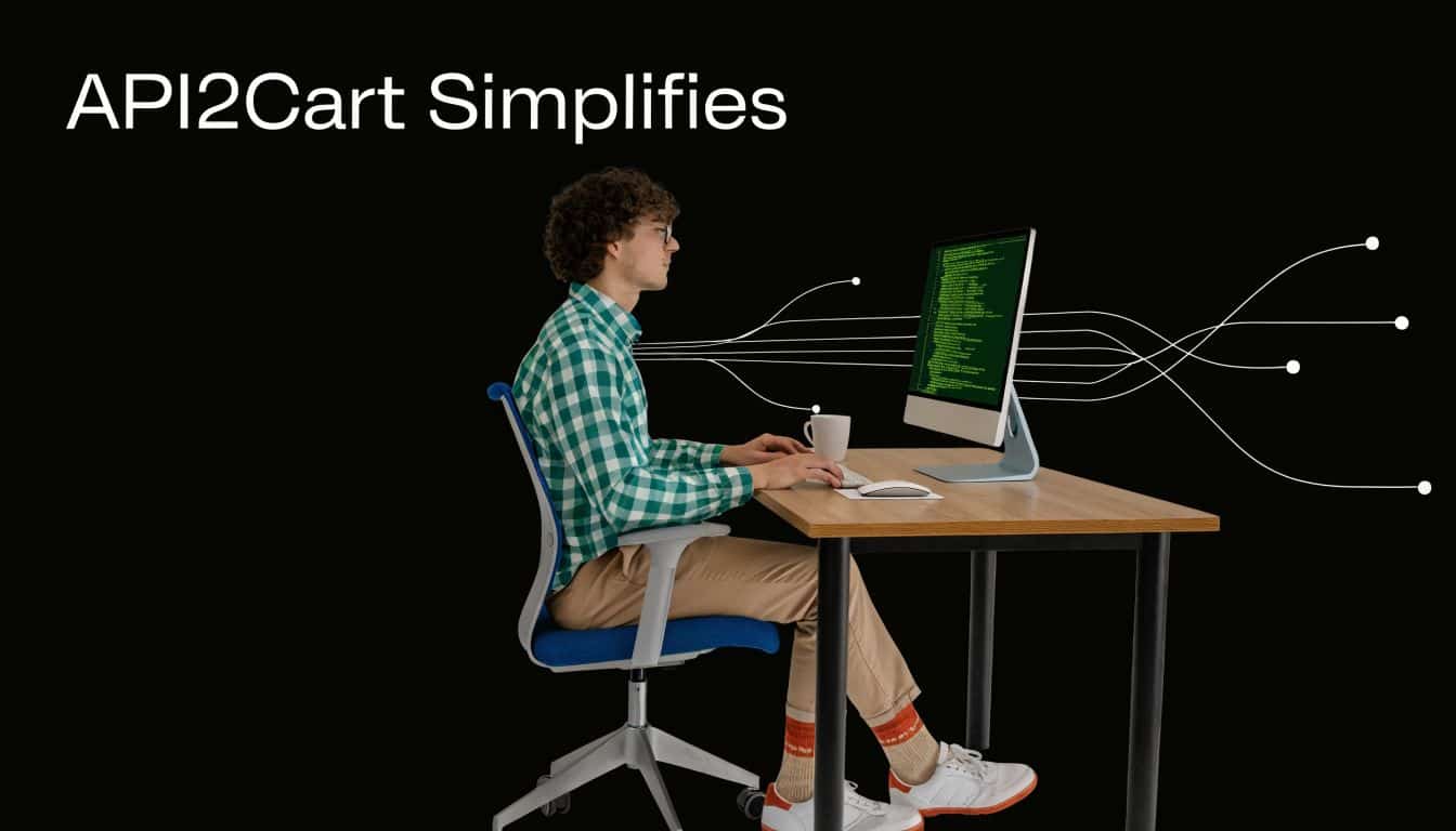 A young programmer working on computer code at his desk with a black background and abstract lines.