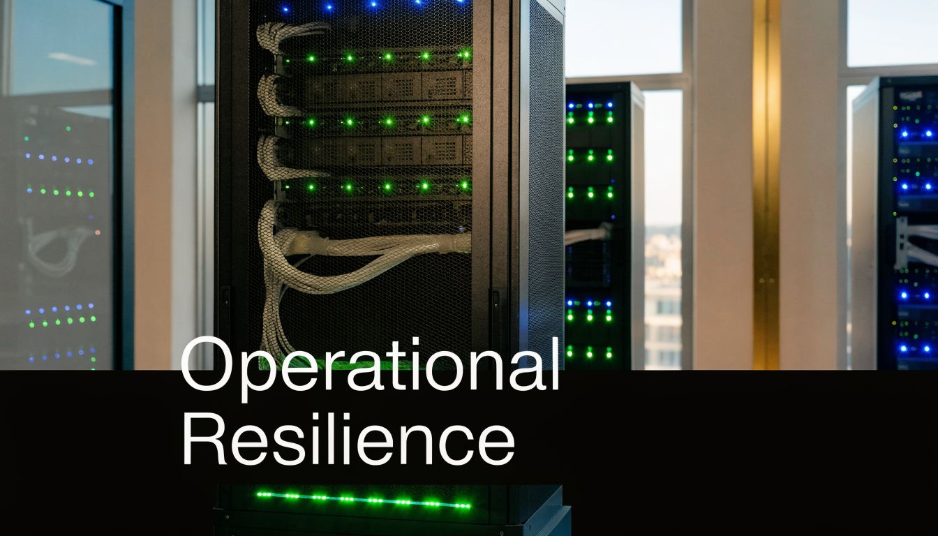 A server room with rack-mounted servers displaying blinking green and blue status lights on equipment.