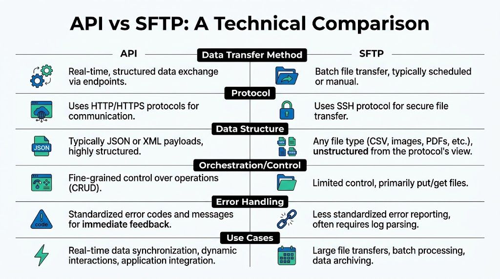 A technical comparison chart highlighting the key differences between API and SFTP data transfer methods.