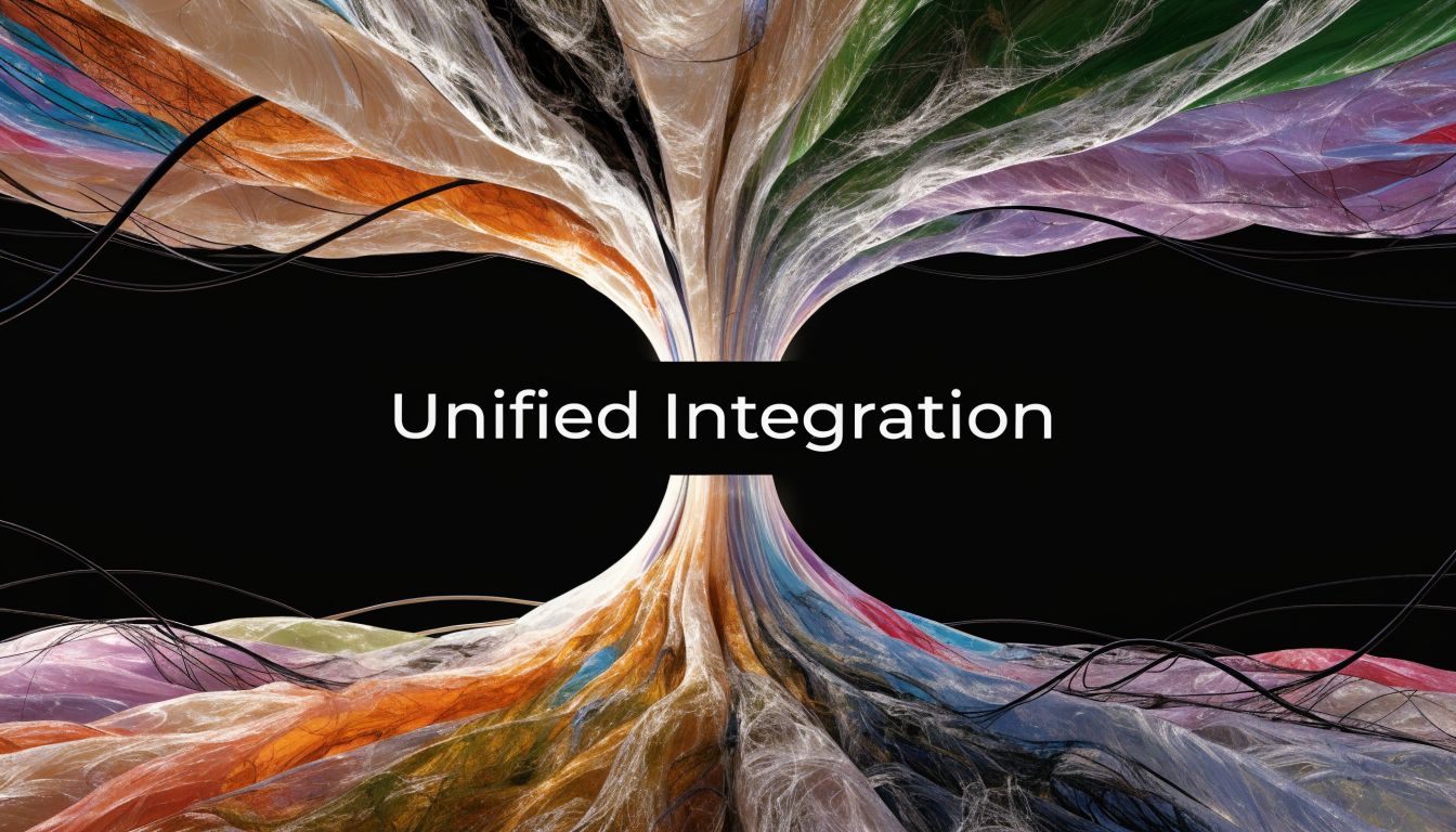A digital art illustration of colorful, flowing fibers merging into a central point labeled Unified Integration.