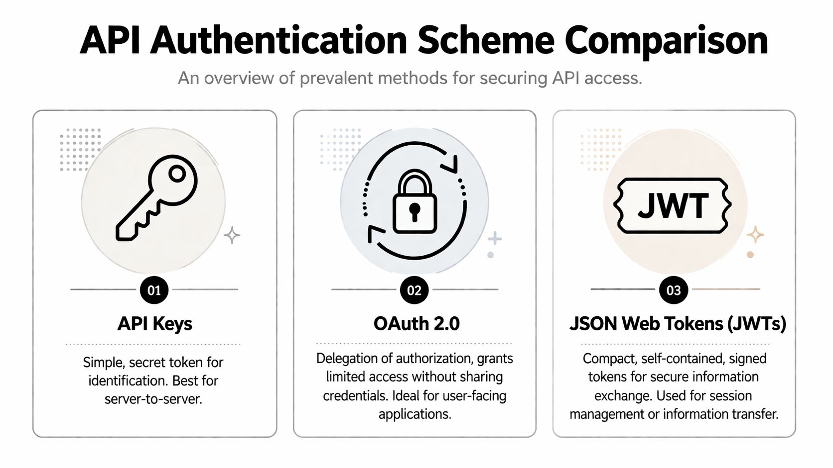 A comparison infographic showing API authentication methods: API Keys, OAuth 2.0, and JSON Web Tokens.