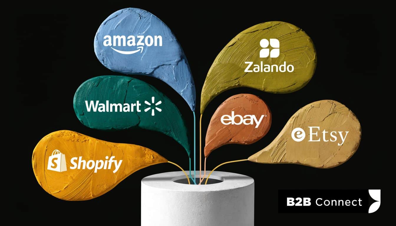A graphic design showing popular e-commerce platform logos connected by colored paint streaks to a central point.