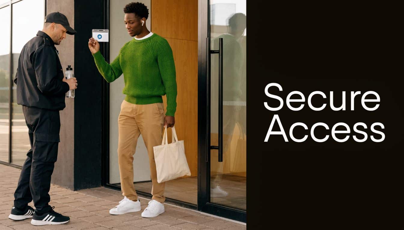 A security guard checks a man's identity card at a modern office building entrance for secure access.