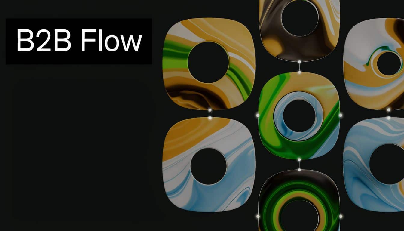 A digital graphic titled B2B Flow featuring abstract rounded square shapes connected by glowing nodes.