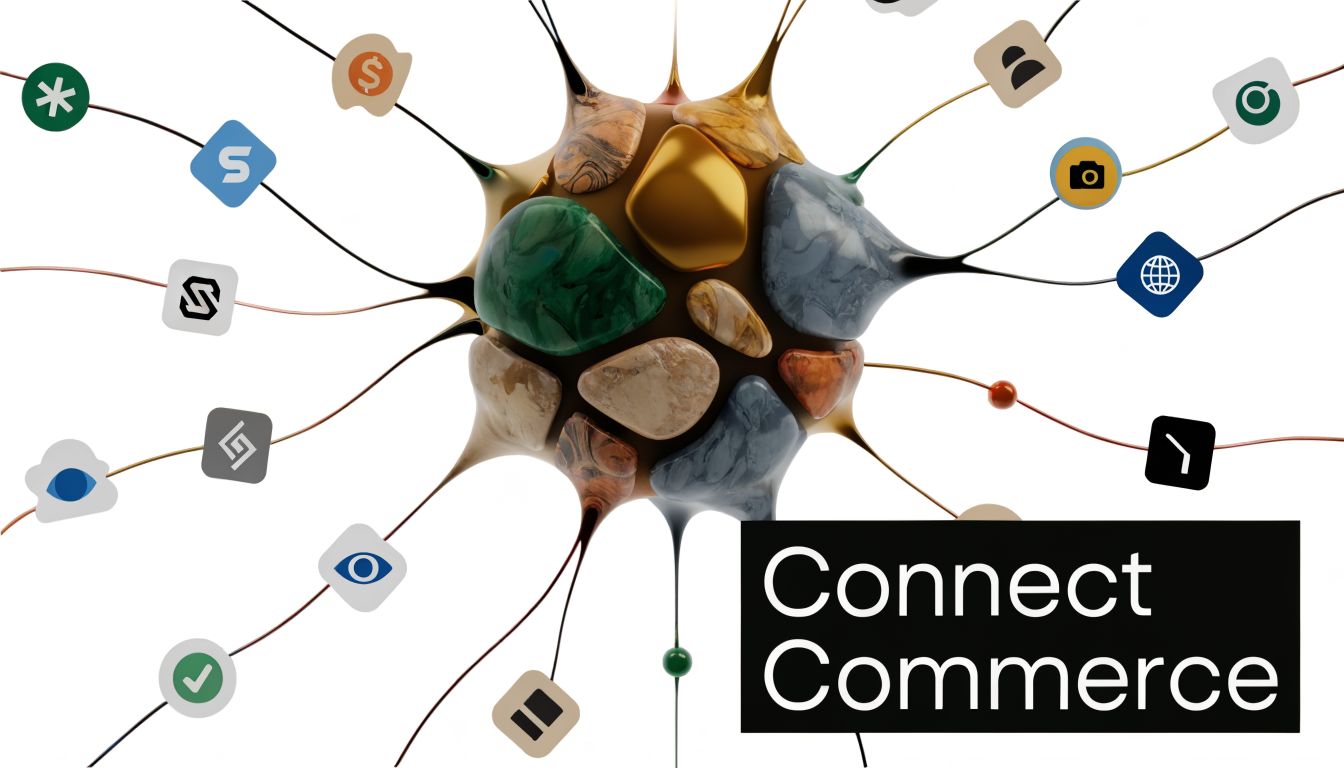 A 3D abstract network of interconnected spheres representing global commerce and digital payment systems connectivity.