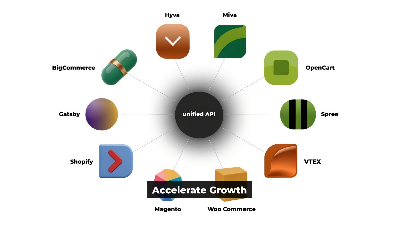 A diagram showing a unified API connected to various e-commerce platforms to accelerate business growth.