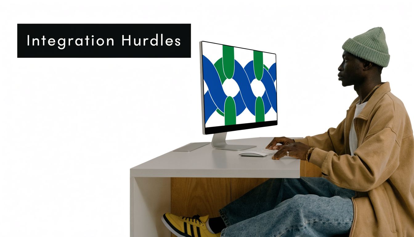 A young man sitting at a desk and working on a computer showing abstract patterns.