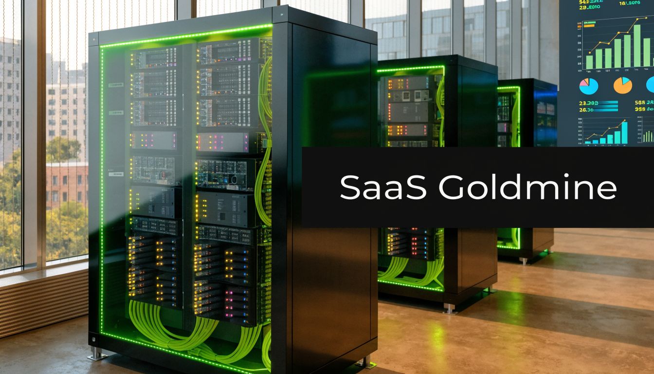 A modern server room with illuminated server racks featuring green led lighting and digital data analytics monitors.