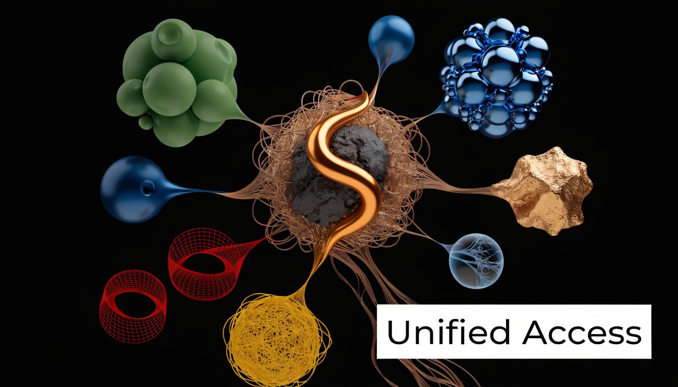 An abstract 3D render representing data connectivity around a central core with the text Unified Access.