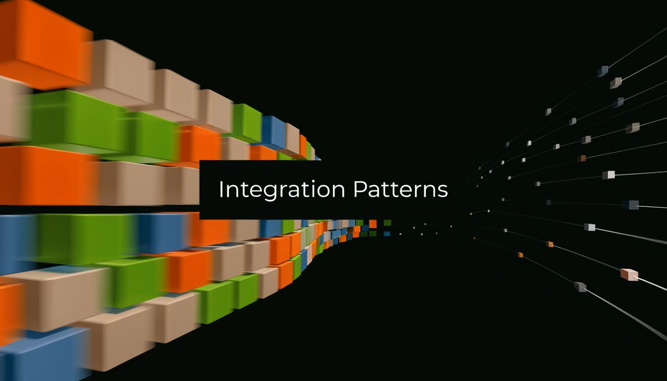 A 3D visualization showing colorful cubes connecting to thin lines representing digital integration patterns and data flow.