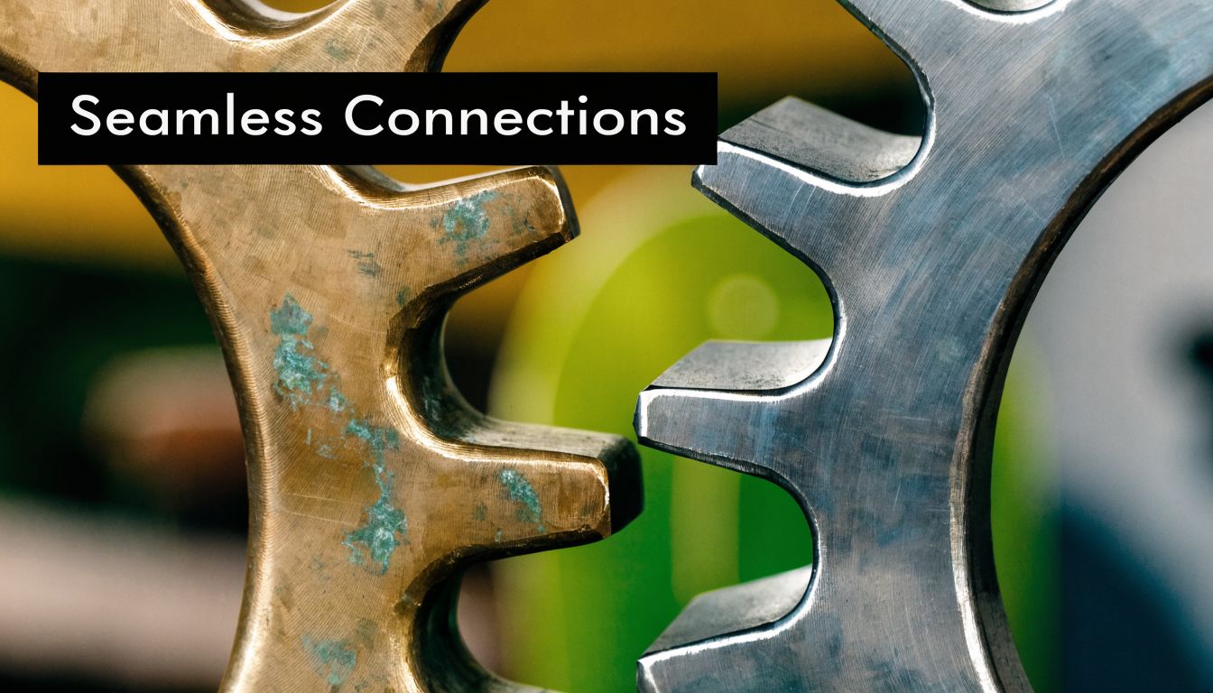 A close-up view of two interlocking metallic gears with the text Seamless Connections overlaying the image.