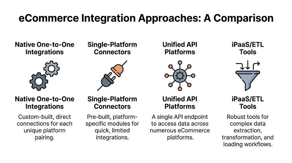 A diagram comparing four common eCommerce integration approaches including native integrations, platform connectors, unified APIs, and iPaaS/ETL tools.