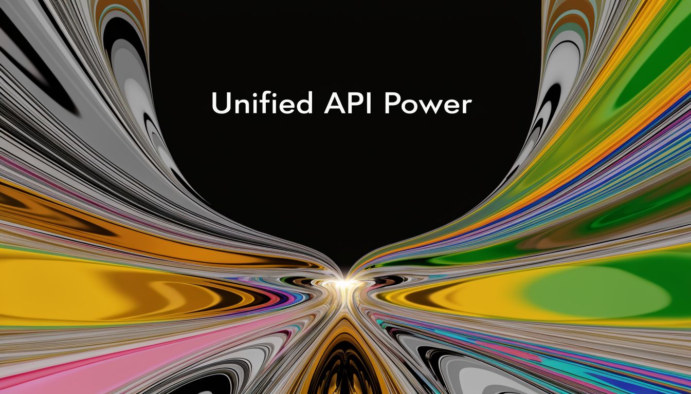 A colorful abstract background with flowing curved lines and the bold white text Unified API Power.