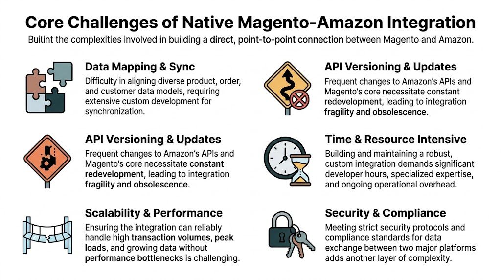 An infographic detailing the core technical challenges of building a native integration between Magento and Amazon.