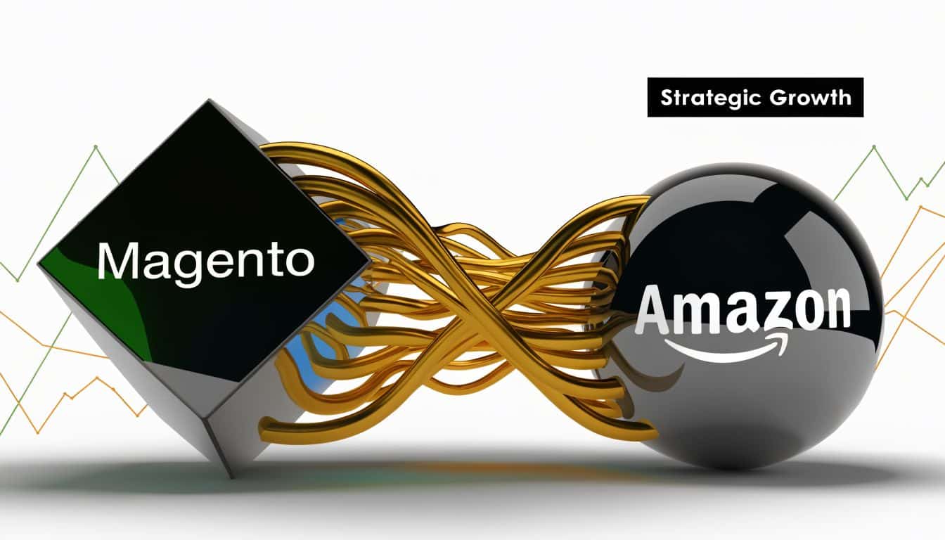 A 3D graphic showing the Magento cube and Amazon sphere connected by golden cables symbolizing integration.