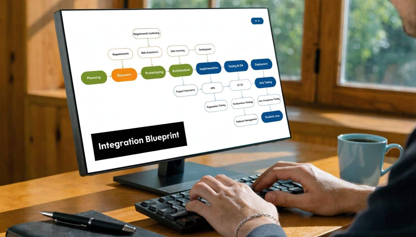 A professional working at a desk viewing a complex software integration blueprint process diagram on a computer monitor.