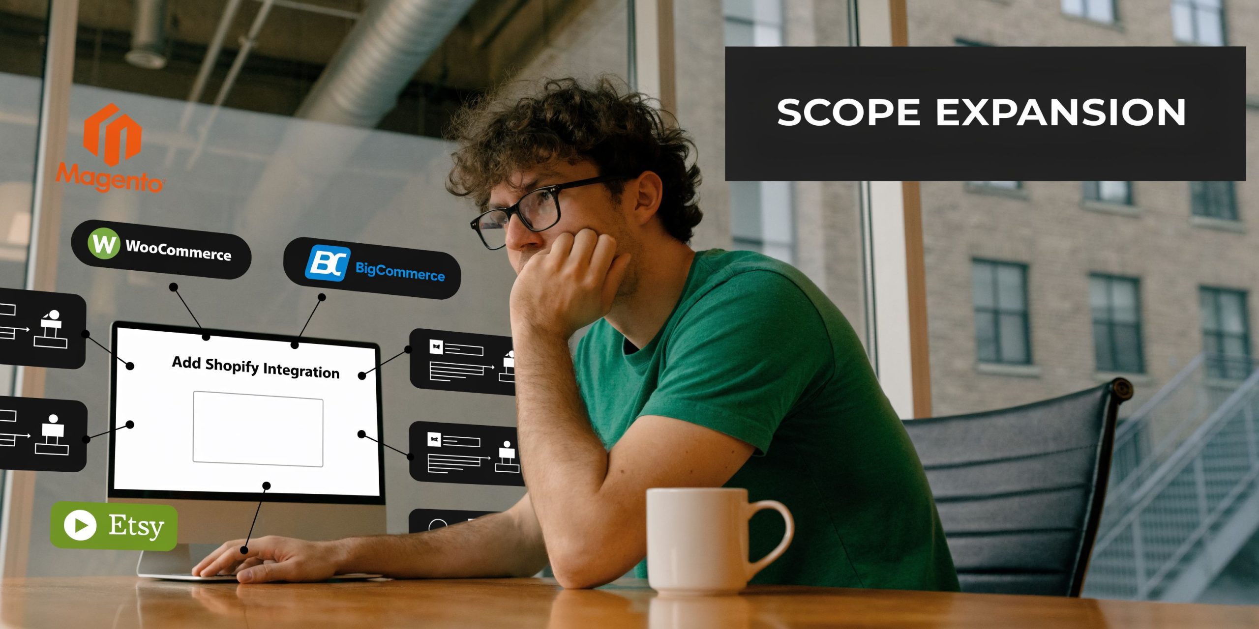 A person sitting at a desk looking thoughtful while planning multi-channel ecommerce platform integrations on a monitor.