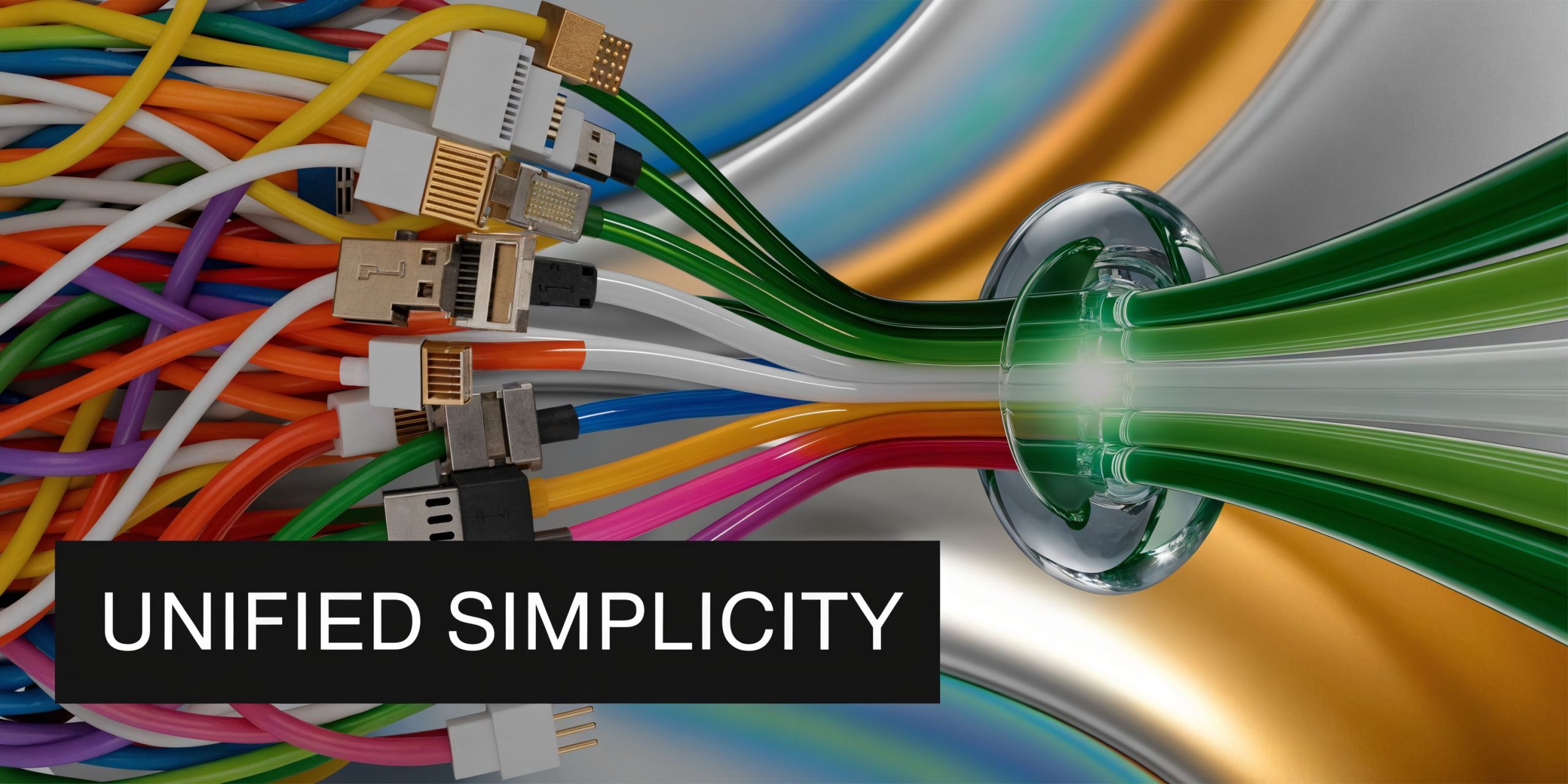 A collection of colorful computer cables converging into a single glass conduit representing unified digital integration.