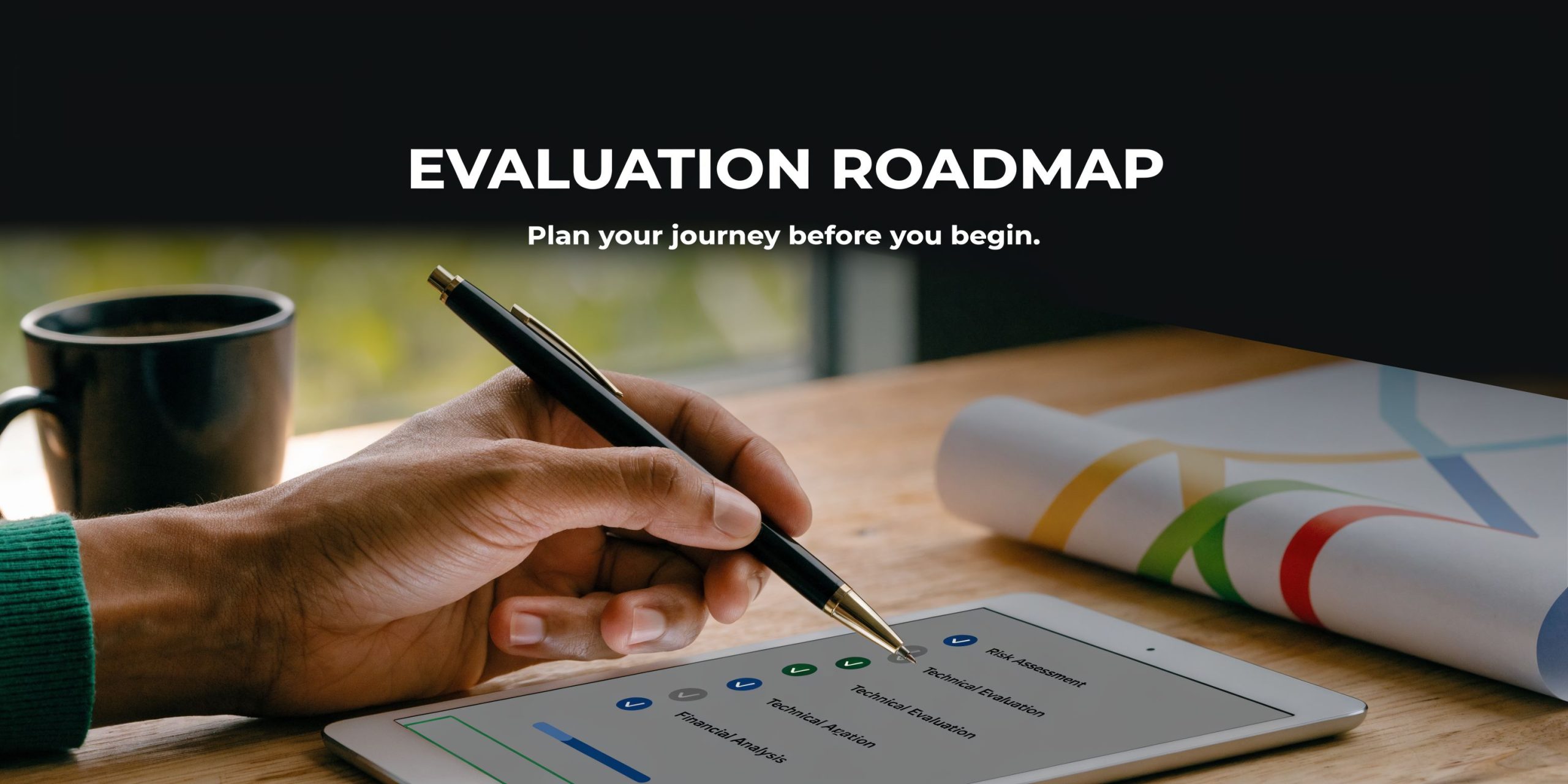 A close-up view of a person using a tablet to review an evaluation roadmap checklist.