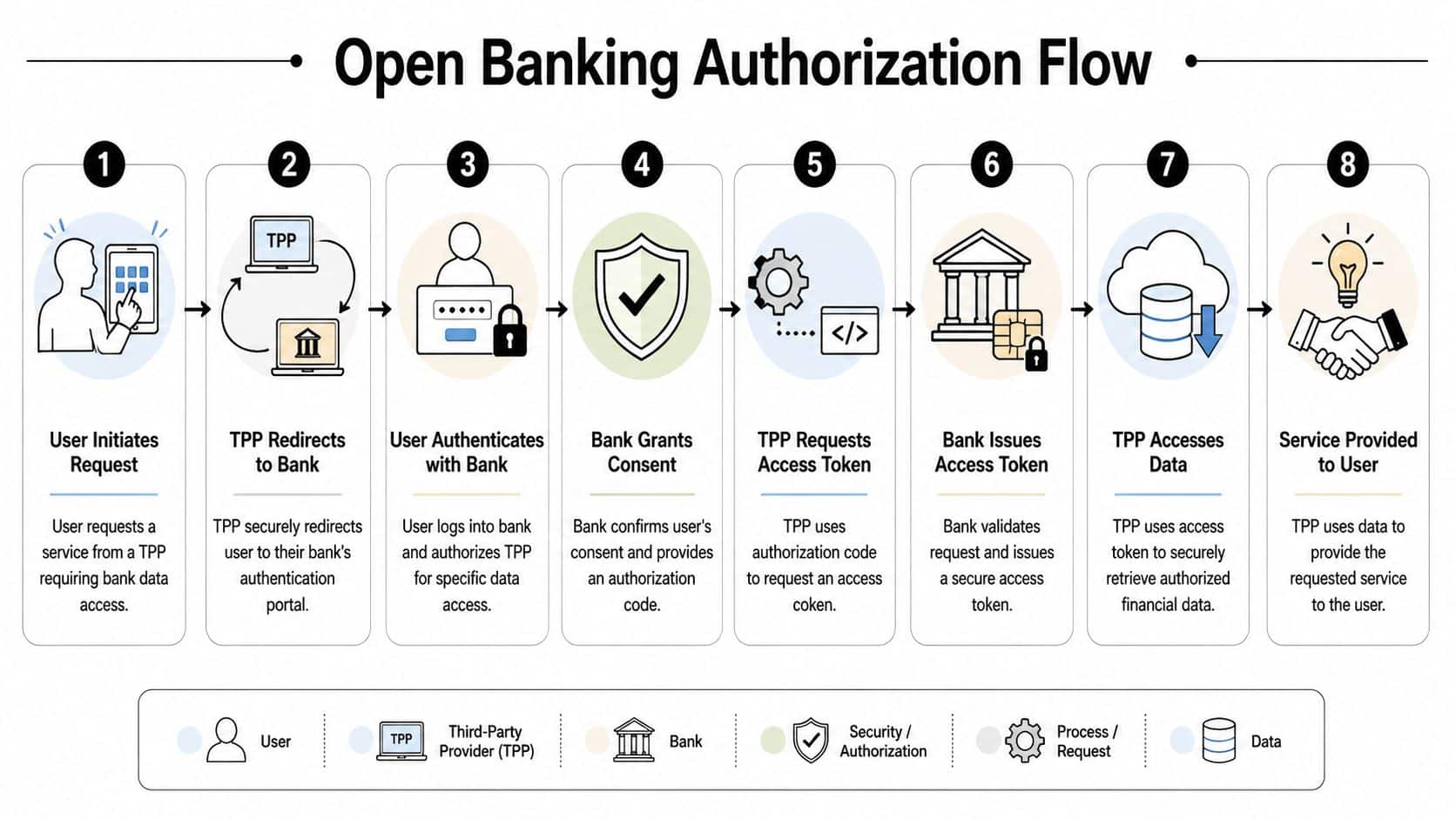 A diagram illustrating the eight steps of the open banking authorization flow between user, TPP, and bank.