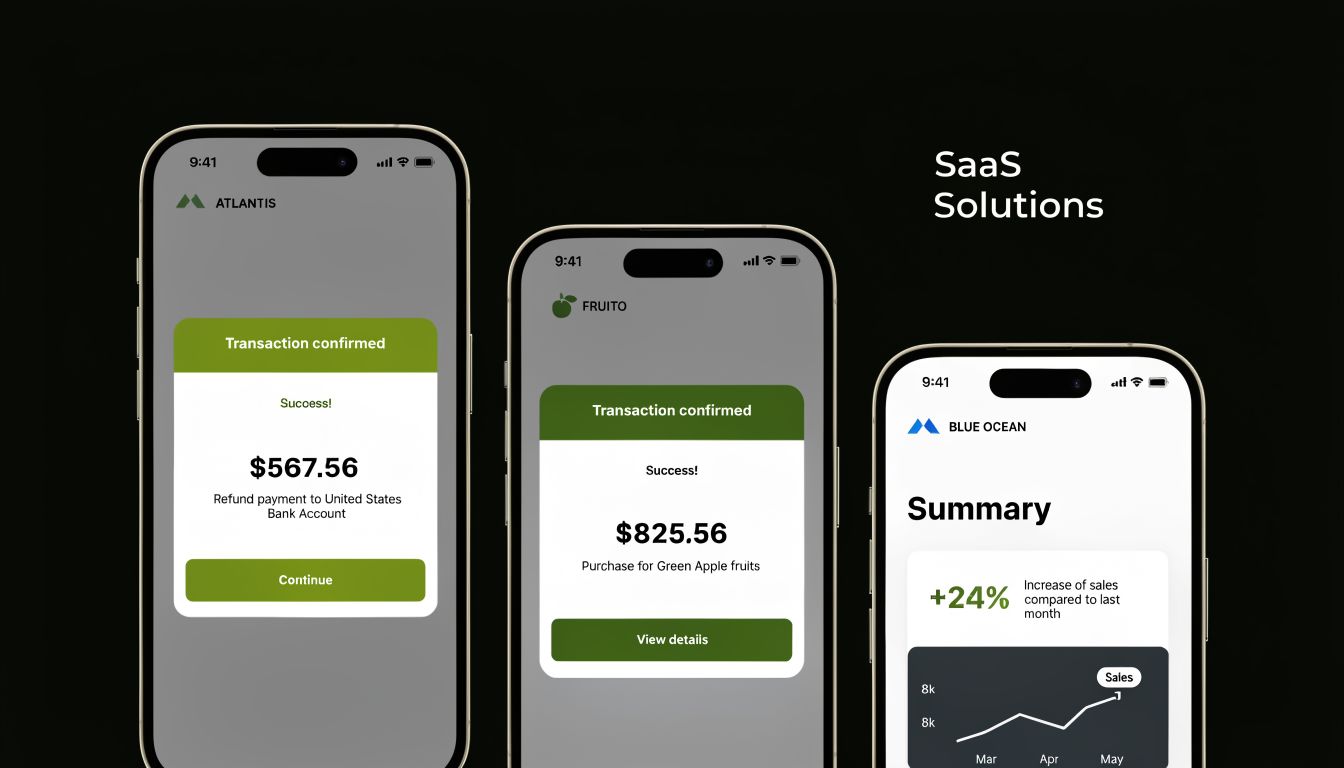 Three mobile phones displaying different SaaS app interfaces for financial transactions and sales summaries.