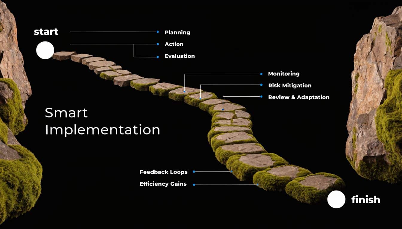 A stepping stone path illustrating a smart implementation process from start to finish on a black background.